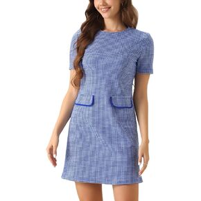 Allegra K Work Dress for Women Short Sleeve Crew Neck Vintage Houndstooth Plaid Dresses in Kuwait