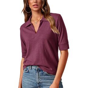 Minclouse Women's V Neck Elbow Sleeve Work Shirt Relaxed Fit Collared Casual Summer Blouse Top in Saudi Arabia