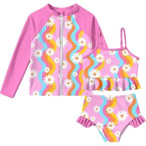 Funnycokid Girls Swimsuit Kids Bathing Suit Rashguard Swimwear Long Sleeve 3 Piece Toddler 3-7 Years in Kuwait