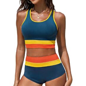 Women's Two Piece Bikini Set High Waisted Tummy Control Bathing Suit Athletic Color Block Swimsuits in Saudi Arabia