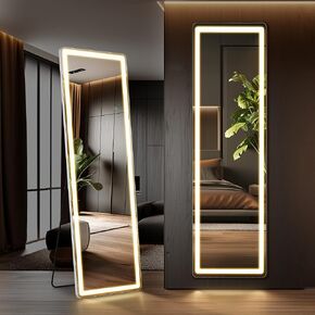 DUMOS 16" x 60" LED Full Length Mirror with Lights, Lighted Floor Full Body Mirrors with 3 Color Lighting, Wall Mounted Stand Mirror for Bedroom, Dressing Room, Living Room, Bathroom in Kuwait