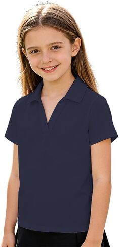 Girls Short Sleeve Golf Polo Shirts V Neck Quick Dry Collared Shirts Athletic Tennis Tops for Kids 3-14 Years in Saudi Arabia