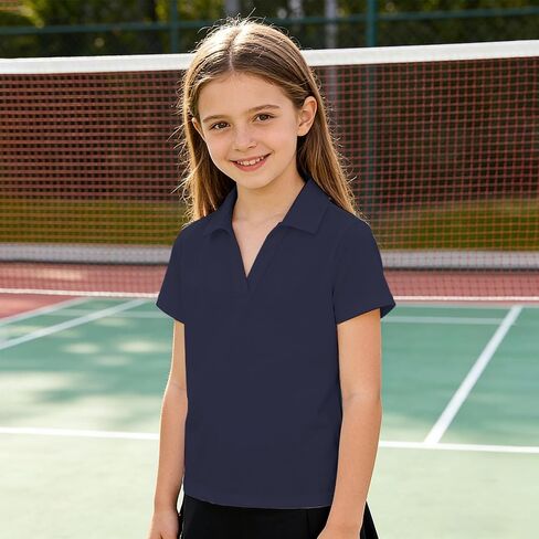 Girls Short Sleeve Golf Polo Shirts V Neck Quick Dry Collared Shirts Athletic Tennis Tops for Kids 3-14 Years in Saudi Arabia