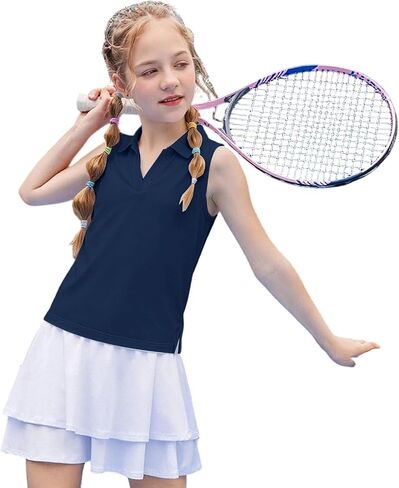 Kids Girls Athletic Sleeveless Golf Polo Shirts Collared V Neck Tennis Shirt Quick Dry Workout Tank Tops 3-14 Years in Saudi Arabia
