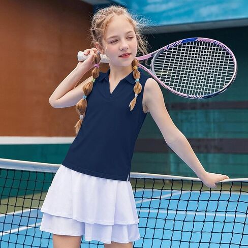 Kids Girls Athletic Sleeveless Golf Polo Shirts Collared V Neck Tennis Shirt Quick Dry Workout Tank Tops 3-14 Years in Saudi Arabia