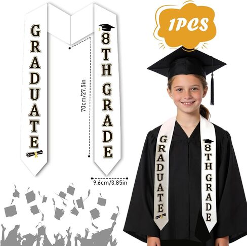 8th Grade Graduation Stole Class of 2026, White Middle School Graduation Sash, Middle School Gifts for Boys Girls Grad Accessories Decorations & Keepsake in Saudi Arabia