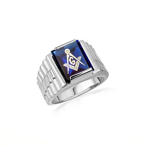 Claddagh Gold Men's .925 Sterling Silver 4.3mm Watchband Design Freemason Blue/Red/Green Cubic Zirconia Gemstone Square and Compass Masonic CZ Stone Ring | Available in Sizes 6-16 in Kuwait