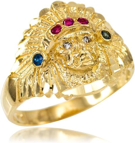 Men's Fine Jewelry Polished 14k Yellow Gold Indian Chief CZ Head Ring in Kuwait