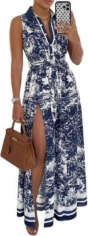 CHICME Womens Summer Shirt Dress 2026 Floral Sleeveless Button Down Vacation Long Maxi Dresses with Belt & Side Slit in Kuwait