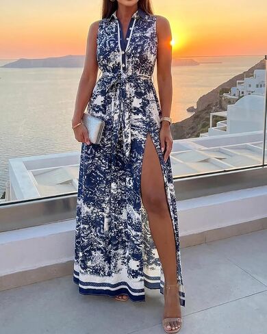 CHICME Womens Summer Shirt Dress 2026 Floral Sleeveless Button Down Vacation Long Maxi Dresses with Belt & Side Slit in Kuwait