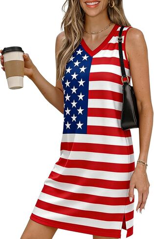 NEWWEN 4th of July Dresses for Women American Flag Sleeveless Tank Dress USA Patriotic Stars Stripes Dress Summer Sundress in Kuwait
