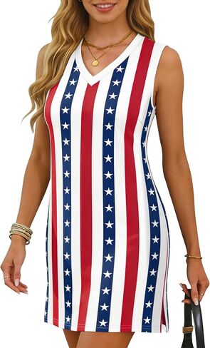 NEWWEN 4th of July Dresses for Women American Flag Sleeveless Tank Dress USA Patriotic Stars Stripes Dress Summer Sundress in Kuwait