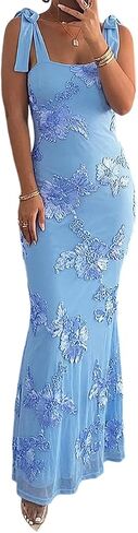 CHICME Women 3D Floral Maxi Dress Square Neck Prom Dress Adjustable Strap Bodycon Vacation Dress Wedding Guest Evening Gown in Kuwait
