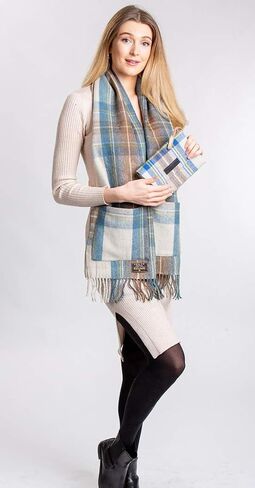 Patrick King Woollen Company Long Merino Wool Scarf with Pockets - Stewart Muted Blue Fringed Plaid Oversized Scarf 10" x 69" for Men Women Made of Heavy Wool Warm Thick Durable in Saudi Arabia