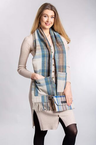 Patrick King Woollen Company Long Merino Wool Scarf with Pockets - Stewart Muted Blue Fringed Plaid Oversized Scarf 10" x 69" for Men Women Made of Heavy Wool Warm Thick Durable in Saudi Arabia
