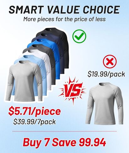 7 Pack Mens UPF 50+ Sun Protection Shirts Long Sleeve Fast Dry Lightweight Rashguard for Running Swimming in Saudi Arabia