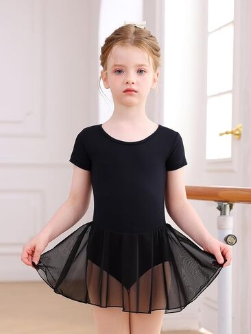 Mecceos Toddler Girls Ballet Leotard with Skirt - Short Sleeve Dance Dress Back Cutout Dancewear for 2-12 Years in Kuwait