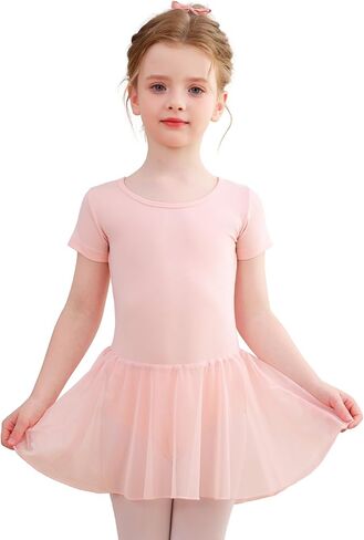 Mecceos Toddler Girls Ballet Leotard with Skirt - Short Sleeve Dance Dress Back Cutout Dancewear for 2-12 Years in Kuwait