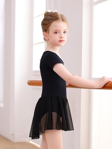 Mecceos Toddler Girls Ballet Leotard with Skirt - Short Sleeve Dance Dress Back Cutout Dancewear for 2-12 Years in Kuwait