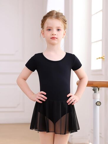 Mecceos Toddler Girls Ballet Leotard with Skirt - Short Sleeve Dance Dress Back Cutout Dancewear for 2-12 Years in Kuwait