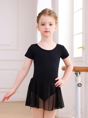 Mecceos Toddler Girls Ballet Leotard with Skirt - Short Sleeve Dance Dress Back Cutout Dancewear for 2-12 Years in Kuwait