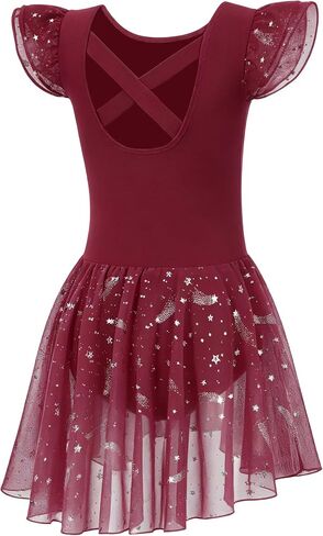 MdnMd Toddler Girl's Ballet Leotards Dance Dresses Outfit Shiny Star Soft Ballerina Skirt Criss-Cross Back Ruffle Sleeve in Saudi Arabia