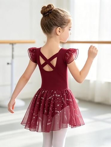 MdnMd Toddler Girl's Ballet Leotards Dance Dresses Outfit Shiny Star Soft Ballerina Skirt Criss-Cross Back Ruffle Sleeve in Saudi Arabia