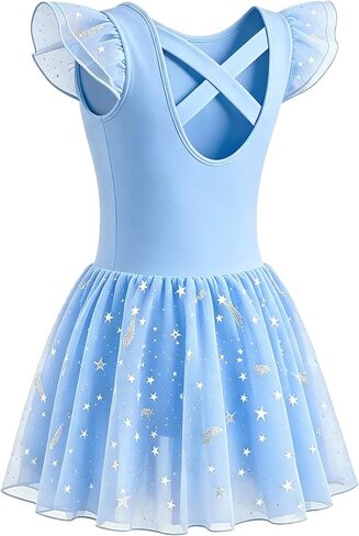 MdnMd Toddler Girl's Ballet Leotards Dance Dresses Outfit Shiny Star Soft Ballerina Skirt Criss-Cross Back Ruffle Sleeve in Saudi Arabia