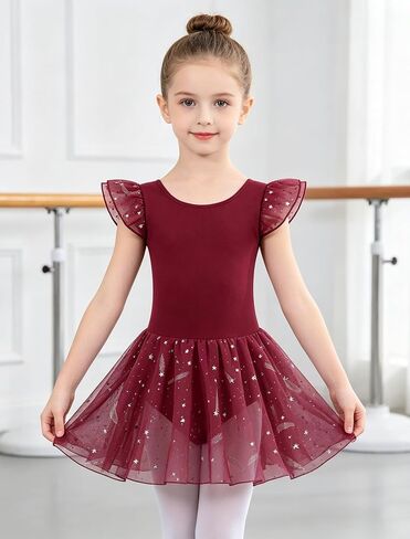 MdnMd Toddler Girl's Ballet Leotards Dance Dresses Outfit Shiny Star Soft Ballerina Skirt Criss-Cross Back Ruffle Sleeve in Saudi Arabia