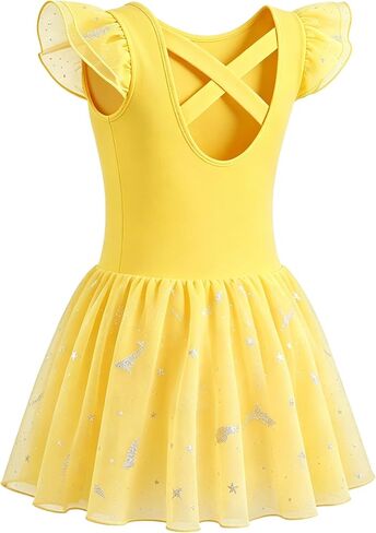 MdnMd Toddler Girl's Ballet Leotards Dance Dresses Outfit Shiny Star Soft Ballerina Skirt Criss-Cross Back Ruffle Sleeve in Saudi Arabia