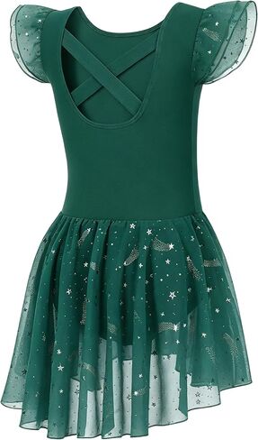 MdnMd Toddler Girl's Ballet Leotards Dance Dresses Outfit Shiny Star Soft Ballerina Skirt Criss-Cross Back Ruffle Sleeve in Saudi Arabia