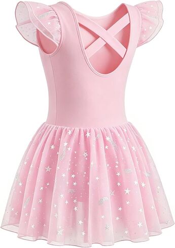 MdnMd Toddler Girl's Ballet Leotards Dance Dresses Outfit Shiny Star Soft Ballerina Skirt Criss-Cross Back Ruffle Sleeve in Saudi Arabia