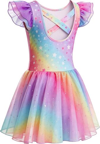 MdnMd Toddler Girl's Ballet Leotards Dance Dresses Outfit Shiny Star Soft Ballerina Skirt Criss-Cross Back Ruffle Sleeve in Saudi Arabia
