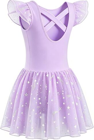 MdnMd Toddler Girl's Ballet Leotards Dance Dresses Outfit Shiny Star Soft Ballerina Skirt Criss-Cross Back Ruffle Sleeve in Saudi Arabia