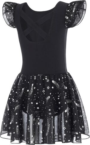 MdnMd Toddler Girl's Ballet Leotards Dance Dresses Outfit Shiny Star Soft Ballerina Skirt Criss-Cross Back Ruffle Sleeve in Saudi Arabia