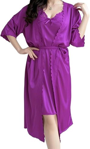 1 Piece Plus Size Loose Sexy Lace Nightgown and Robe Summer Pajamas Set for Women Multi in Kuwait