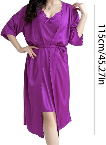 1 Piece Plus Size Loose Sexy Lace Nightgown and Robe Summer Pajamas Set for Women Multi in Kuwait