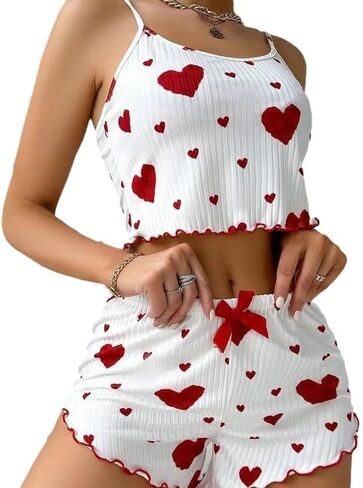 Women's Knitted Heart Patterned Design,Sweet Halter Top Shorts Complete Set of Pajamas in Kuwait
