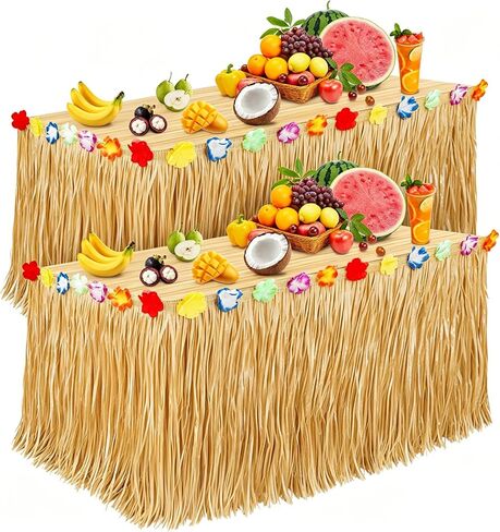 Luau Party Decorations, Grass Table Skirt for Tropical Hawaiian Party Decorations, Flower Hawaiian Luau Party Favors & Aloha Summer Beach Themed Party Decorations Suppplies (2PCS Straw Yellow) in Saudi Arabia