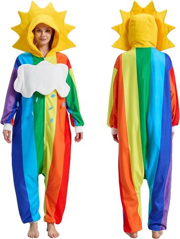 Rainbow Onesie Pajamas with Sun-Shaped Hood,Detachable Cloud, Colorful Halloween Costume Jumpsuit for Adults in Kuwait