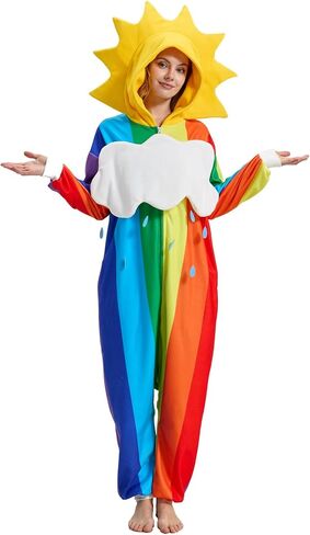 Rainbow Onesie Pajamas with Sun-Shaped Hood,Detachable Cloud, Colorful Halloween Costume Jumpsuit for Adults in Kuwait