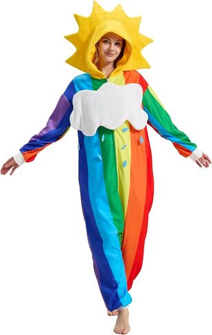 Rainbow Onesie Pajamas with Sun-Shaped Hood,Detachable Cloud, Colorful Halloween Costume Jumpsuit for Adults in Kuwait
