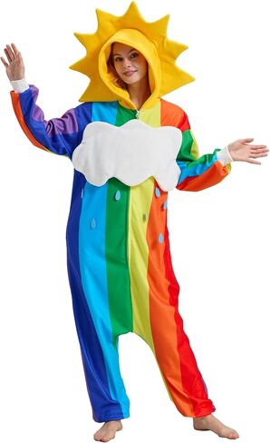 Rainbow Onesie Pajamas with Sun-Shaped Hood,Detachable Cloud, Colorful Halloween Costume Jumpsuit for Adults in Kuwait