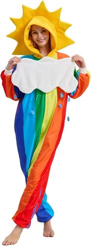 Rainbow Onesie Pajamas with Sun-Shaped Hood,Detachable Cloud, Colorful Halloween Costume Jumpsuit for Adults in Kuwait