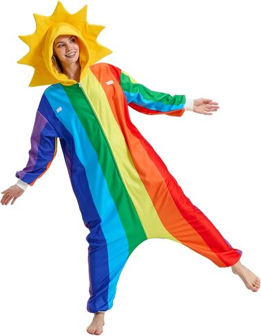 Rainbow Onesie Pajamas with Sun-Shaped Hood,Detachable Cloud, Colorful Halloween Costume Jumpsuit for Adults in Kuwait