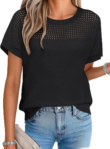 Womens Spring Crochet Knit Tops Lightweight Summer Short Sleeve Sweater Cap Sleeve T Shirts Blouses in Saudi Arabia