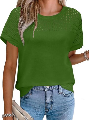 Womens Spring Crochet Knit Tops Lightweight Summer Short Sleeve Sweater Cap Sleeve T Shirts Blouses in Saudi Arabia