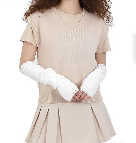Arm Warmers Long Sleeve Fingerless Cute Knitted Arm Warmers Winter Long Fingerless Gloves Knit Mitten Gloves Arms Sleeves White Harajuku Knitted Lace Arms Sleeve for Women in Kuwait