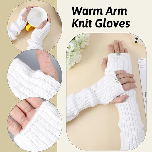 Arm Warmers Long Sleeve Fingerless Cute Knitted Arm Warmers Winter Long Fingerless Gloves Knit Mitten Gloves Arms Sleeves White Harajuku Knitted Lace Arms Sleeve for Women in Kuwait