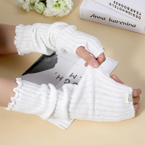 Arm Warmers Long Sleeve Fingerless Cute Knitted Arm Warmers Winter Long Fingerless Gloves Knit Mitten Gloves Arms Sleeves White Harajuku Knitted Lace Arms Sleeve for Women in Kuwait